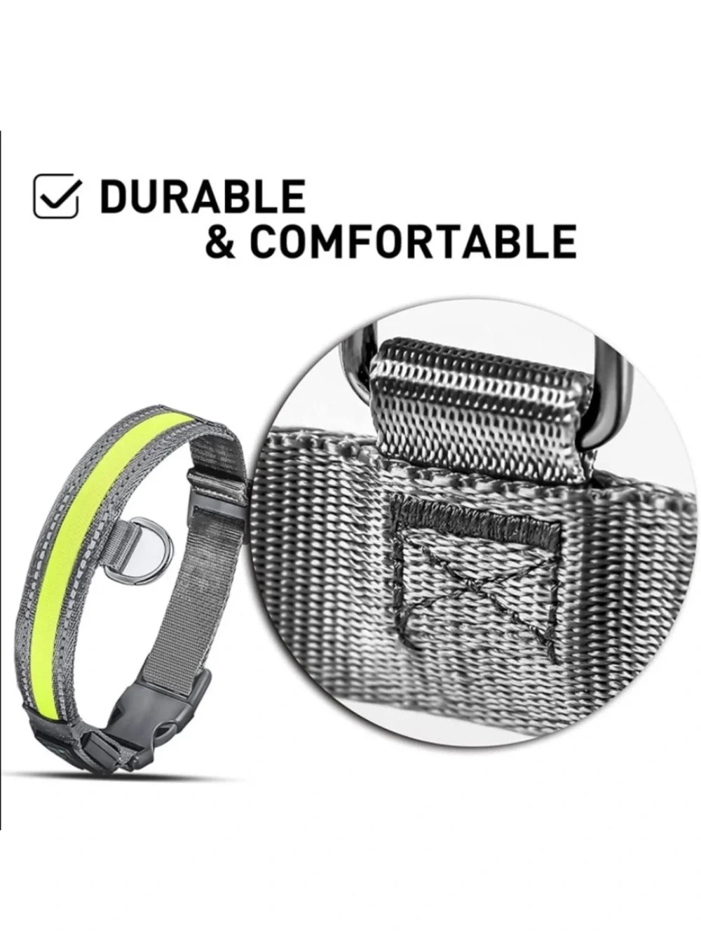 LED Dog Collar Light Up USB Rechargeable Night Safety Glow High Vis Green Size L